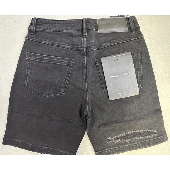 Mens Femme Homme Black Distressed Flame Logo Graphic Shorts Size 34 - Picture 2 of 4